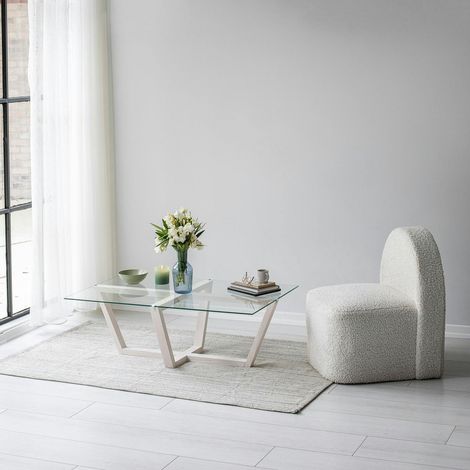 Table basse blanche design - verre trempé, pied croisé LHASA (1/5)