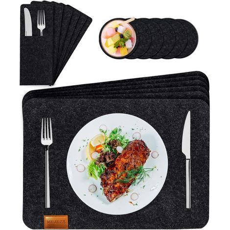 MINKUROW Mantel Individual De Fieltro De Carbón Lavable - 6 Manteles Individuales Lavables + 6 Posavasos De Cristal + 6 Bolsas Para Cubiertos - Manteles Individuales De Fieltro Antideslizantes Resiste (1/5)