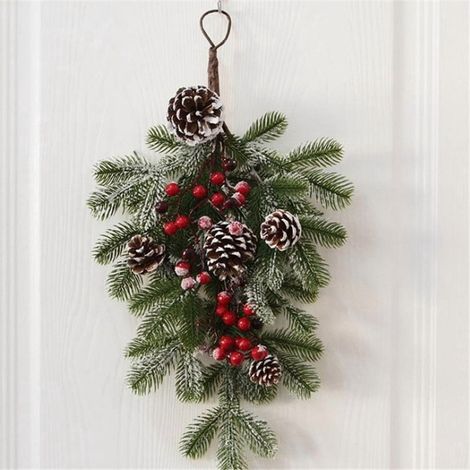 Guirlande En Forme De Larme - Flocage Élégant - Pommes De Pin Et Baies - Décoration Festive Pour Porte Mur Cheminée - 55 x 35 cm (1/5)