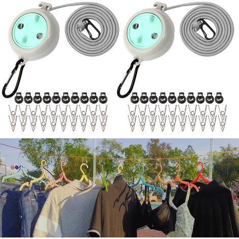 AUTRUCKER Lot de 2 étendoirs à linge rétractables pour camping, réglables de 10 m, portables et de voyage, avec 40 pinces à linge coupe-vent et 20 bouchons. (1/4)