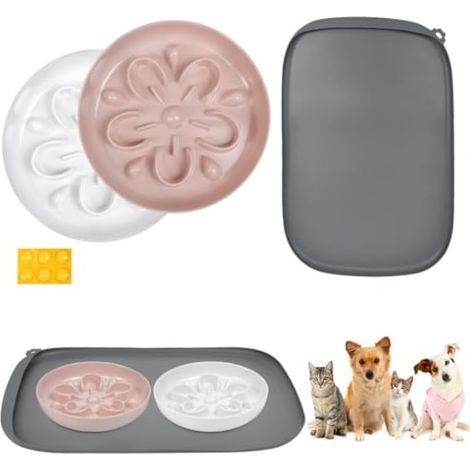 Lot de 2 Gamelles Anti-Glouton pour Chat et Petit Chien, Bols Alimentation Lente Anti-Vomissement, Assiettes Plates, avec Tapis en Silicone et 6 Pastilles Antidérapantes (1/5)