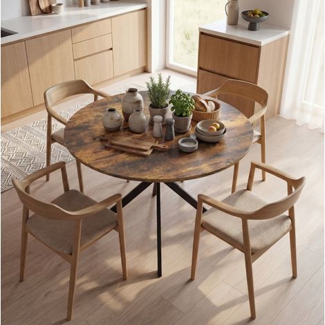 Table à manger ronde 100x100x75 cm en bois brun, 4 personnes, style industriel, stable – MEUBLIV (1/5)