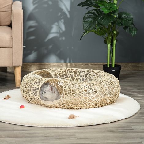 Lit en rotin Panier 78x69x22 cm naturel pour chat dodu avec coussin souple, 3 trous d’accès, tunnel pour en bois