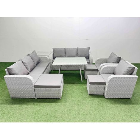 Fimous Rattan High Back Lounge Sofa Set Patio Dining Table & Chairs Set with 3 Seater Sofa 2 Reclining Chairs Side Table 3 Stool Light Grey (1/4)