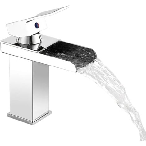 Robinet Lavabo - Bec Cascade - Acier Inoxydable - Mitigeur Trous Uniques - Chromé - Hauteur 12 cm - 1 Pièce (1/5)