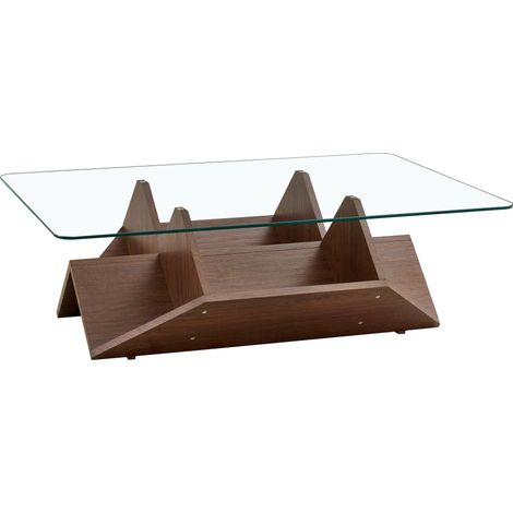 Table basse en verre trempé et MDF à rangement multiple, finition noyer – Avec compartiments spacieux pour les essentiels du quotidien – Table basse moderne pour salon et bureau