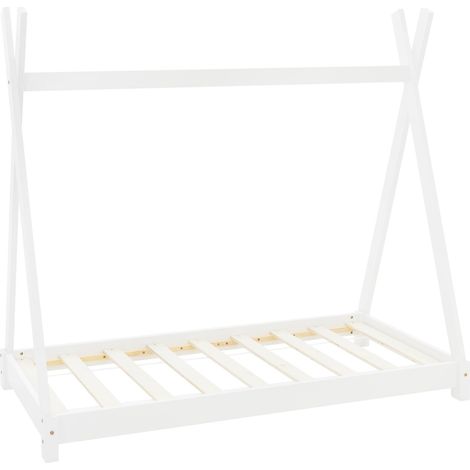 ML-Design Letto Montessori Tipi per Bambini 70 x 140 cm Bianco, in Legno di Pino Massiccio, con Rete a Doghe, Lettino a Terra a Forma di Tenda Indiana, Giroletto a Capanna per Cameretta (1/5)