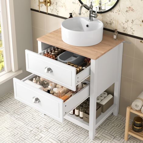 Meuble vasque 2 tiroirs avec vasque céramique ronde et étagère ouverte — MDF blanc et bois naturel (1/5)