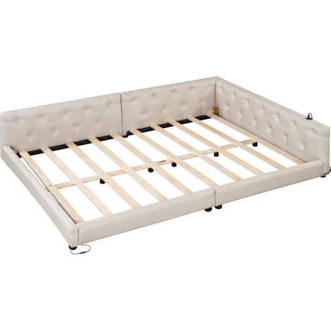 Canapé cama 140 x 200 cm de lino beige, somier de láminas, LED 7 colores, USB y USB-C (1/5)