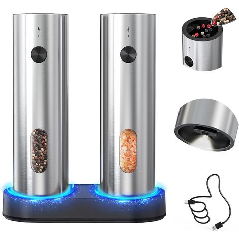 Lot de 2 moulins à épices électriques, base rechargeable, lumière LED, 110 ml, épaisseur de mouture réglable, mécanisme en céramique, remplissage par le haut, acier inoxydable, argent (1/5)