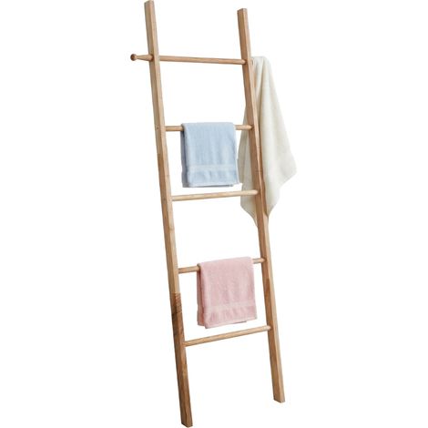 Relaxdays Scala portasciugamani, 5 pioli, A x L: 170 x 43 cm, noce, asciugamani, bagno, naturale (1/5)