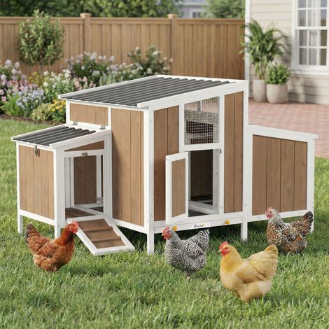 Gallinero para Exterior de Madera 145x90x92 cm para 2-4 Gallinas con Nido Casa Lateral Bandeja Extraíble Marrón Claro (1/5)