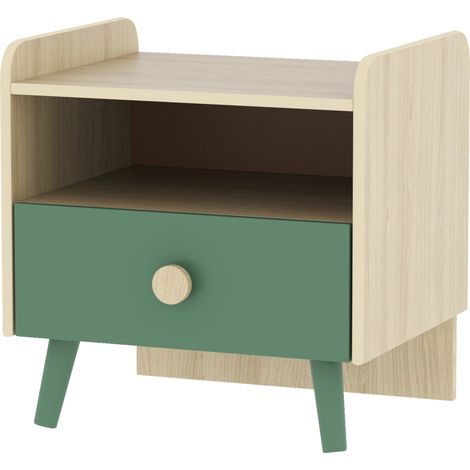 Kindernachttisch mit Schublade und Ablage, kleiner Beistelltisch aus Holz fürs Schlafzimmer
