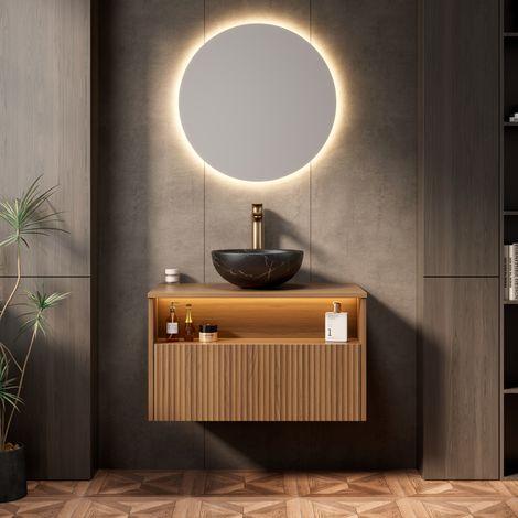 Mueble de baño suspendido 80 cm minimalista con lavabo cerámico negro, 1 cajón y estante abierto, roble marrón (1/5)