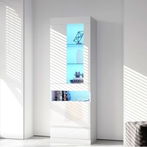 Vitrine 50x40x180 cm Weiß in Hochglanz und Betonoptik mit LED-Beleuchtung und Stauraum (1/5)