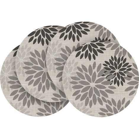 Lot de 4 sets de table ronds PVC, motif dahlias gris, 36 cm, résistants aux taches et à la chaleur. (1/5)