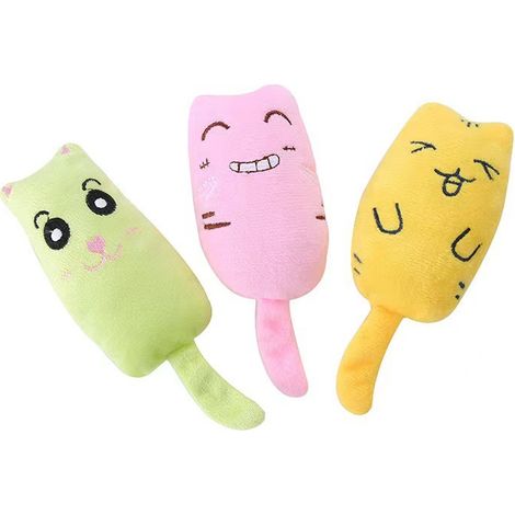 Lot de 3 jouets interactifs pour chat en peluche douce avec herbe à chat, jouet à mâcher pour chat, dessin animé, oreiller pour chat, jouets pour nettoyage des dents de chaton (1/4)
