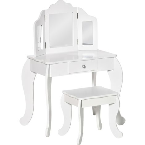 Coiffeuse enfant avec tabouret, bureau 2 en 1 miroir triple et tiroir coulissant - Table de maquillage 63L x 40l x 85,5H cm - Blanc acrylique (1/5)