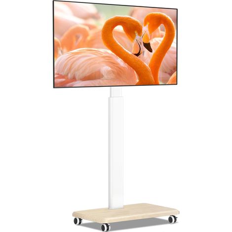 Support TV sur Pied roulettes Pied TV Universel Blanc et Bois pour Télé de 32 à 65 Pouces, Réglable en Hauteur Support TV Orientable TV sur Pied Jusqu 'à 40 kg, Max VESA 400x400mm (1/5)