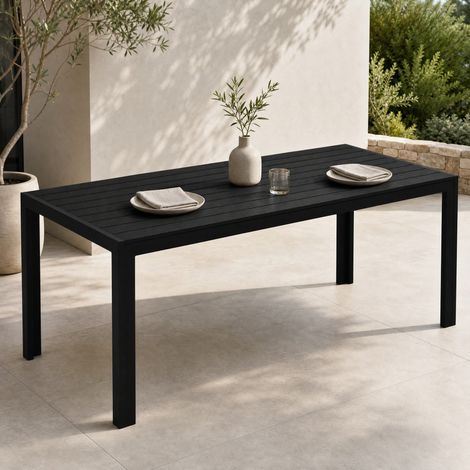 Mesa de jardín de plástico efecto madera 190 x 84,5 x 72 cm negra (1/5)