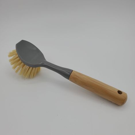 Set di 2 spazzole per piatti con manico in bambù, raschietto incorporato, spazzola per padelle, pentole e lavello della cucina