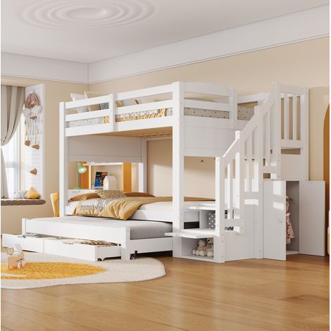 Letto a castello 90/200 cm bianco con letto estraibile, scale contenitore e armadio (1/5)