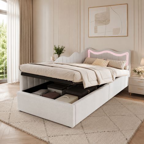 Lit coffre 90×200cm avec lumière LED, lit capitonné, rangement hydraulique, canapé-lit avec cadre à barreaux, lit enfant, grande capacité, style moderne, sommier à lattes, Peluche, Blanc (1/5)