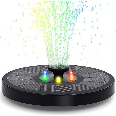 Fontaine solaire pour oiseaux - 3W améliorée avec batterie 2000mAh, 7 buses et lumières LED multicolores (1/5)