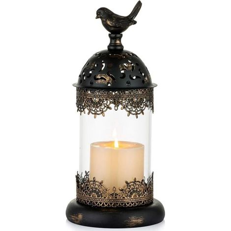 Portacandele antico a colonna con coperchio in vetro, candelabro rustico nero per decorazioni di cene, Natale, casa, matrimoni - 1 x piccolo