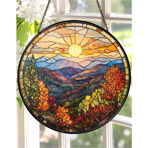Vitrail montagnes fumées 12,5 cm, attrape-soleil, décoration maison montagne