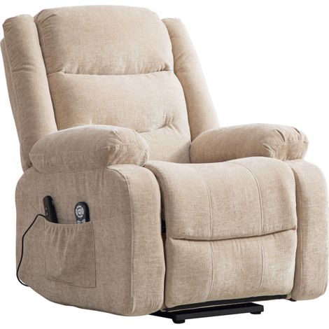 Fauteuil électrique relax avec fonction releveur, massage par vibration et chaleur, dossier et repose-pieds réglables, coloris kaki clair (1/5)