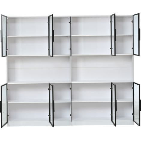 Vetrina con 12 Ante, Illuminazione LED e Ante in Vetro, Armadio Contenitore per Soggiorno in MDF, Bianco, 240×34×200 cm (1/5)