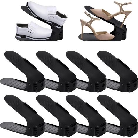 Lot de 10 étagères à chaussures réglables en polypropylène antidérapant - Hauteur réglable - Peu encombrant - Rangement de chaussures domestique - Double couche - Noir (1/5)
