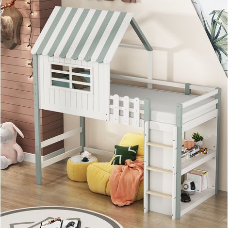 Cama casa con escalera y almacenaje 90x200 verde niños OKMYHOME (1/5)