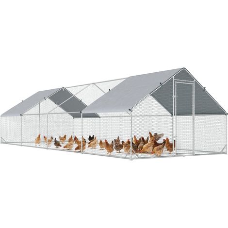 Poulailler de jardin, structure galvanisée, bâche imperméable, grillage hexagonal, 3 x 8 x 2 mètres, argent