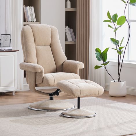 Schwenkbarer skandinavischer Relaxsessel mit integrierter Fußstütze – Sitzfläche aus weichem, elegantem Chenille-Stoff, vollständig metallische Basis mit Stoffbezug, hellbeige Farbe