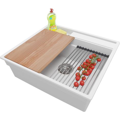PRIMAGRAN Evier Cuisine en Granit 58x53cm, Lavabo 1 bac + Kit de Vidage + Accessoires, Évier à Encastrer au meuble 60cm - Oslo Pocket, Blanc (1/5)