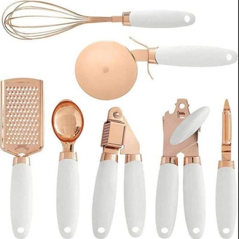 Juego de 7 utensilios de cocina multifuncionales de acero inoxidable con mangos de silicona y pelador (color: blanco) (1/5)