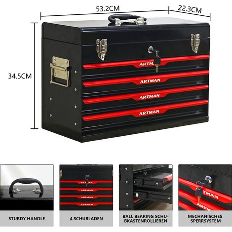 Caja de herramientas de acero con 4 cajones, 53,2 x 22,3 x 34,5 cm, negra OKMYHOME (1/5)