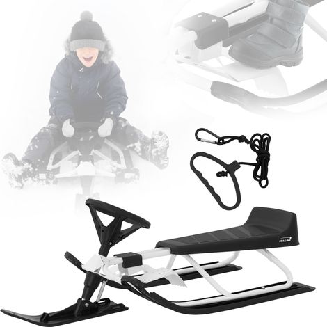 Hauki Lenkschlitten in Weiß, Kinderschlitten Rodel ab 5 Jahre, Skibob für Kinder und Erwachsene bis 90 kg, Schlitten mit Lenkrad, Fußbremse, Zugseil, Sitz mit Rückenlehne, Stahlrahmen, 119x38x50 cm (1/5)