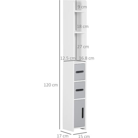 Colonne de salle de bain avec étagères et placards, armoire haute en bois gain de place 15 x 17 x 120 cm, blanc et gris (1/5)