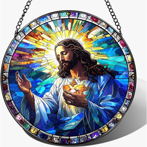 Ornement vitrail religieux 12.5 cm – Suspension intérieure