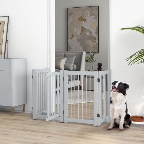 Barrière pour chien autoportante, 4 panneaux, flexible, en pin, 204 cm (L) x 36 cm (l) x 75 cm (H), gris clair (1/5)