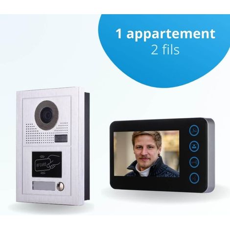 Portier interphone vidéo MODERN 2 Fils - 1 appartement - 1 écran noir - avec lecteur de badge