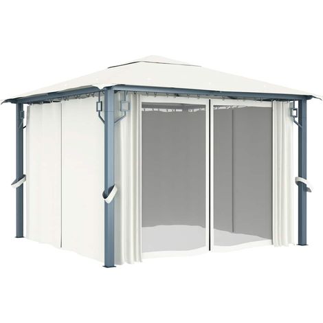 vidaXL Cenador con cortina color crema aluminio 300x300 cm (1/2)