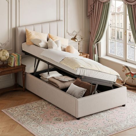 Lit Coffre Adulte/Enfant 90x200 cm en Lin Beige - Sommier à Vérins Hydrauliques pour Rangement XXL - Tête de Lit Réglable en Hauteur - Style Scandinave (1/5)