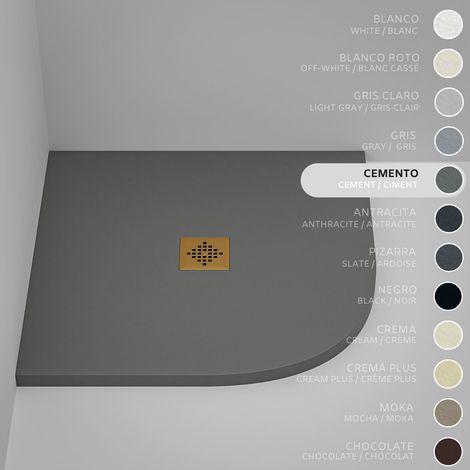 Receveur de Douche Semicirculaire SOULHOME Résine et Charge Minérale Antidérapant 70x70 cm Gris Ciment - Grille DORÉE (1/5)