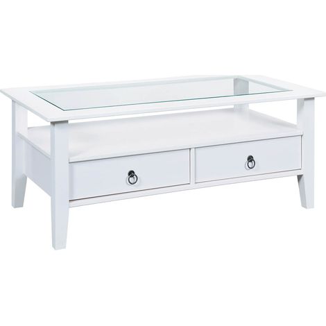 Altobuy – Table basse rectangulaire en pin massif vernis blanc – Dimensions 115x60xH45 cm – Plateau en verre sécurit – 2 tiroirs de rangement (1/5)