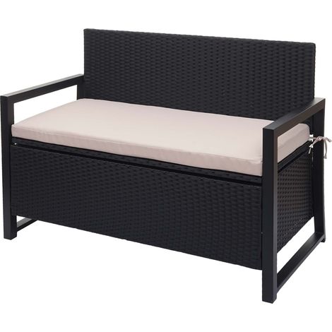 Banc 2 places en polyrotin HWC-F39, banc de jardin banc, compartiment de rangement- anthracite, coussins beige (1/5)