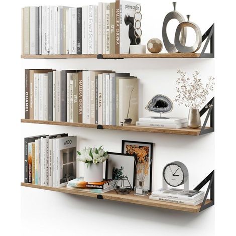 Étagères murales suspendues pour Le Mur, Lot de 3, étagère bibliothèque pour Chambre à Coucher, Salon, Bureau, Salle de Bain, Cuisine, Bois Rustique avec Support métallique (Naturel Grand) (1/5)